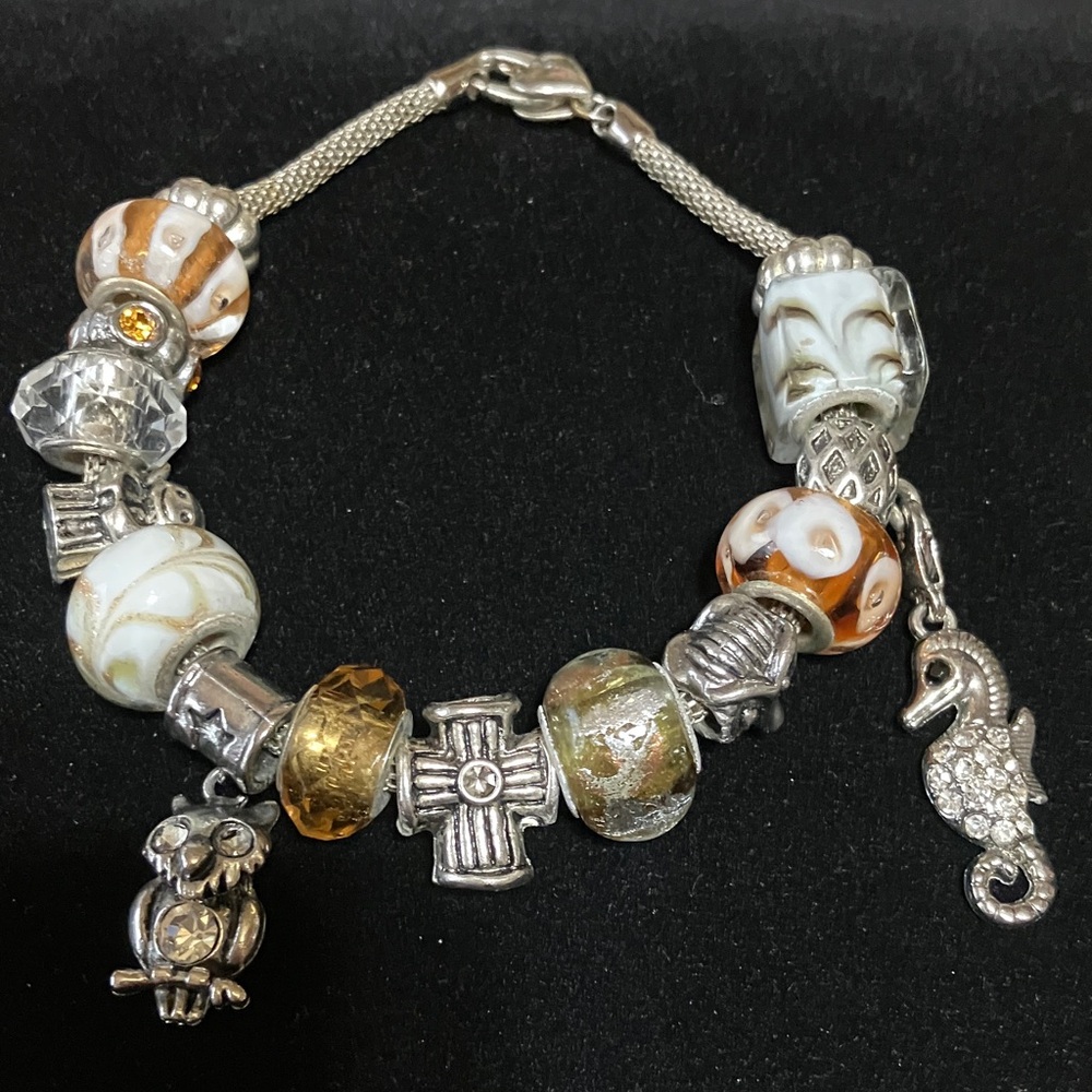 White and Gold Glass Bead Charm Bracelet with Silver Accents